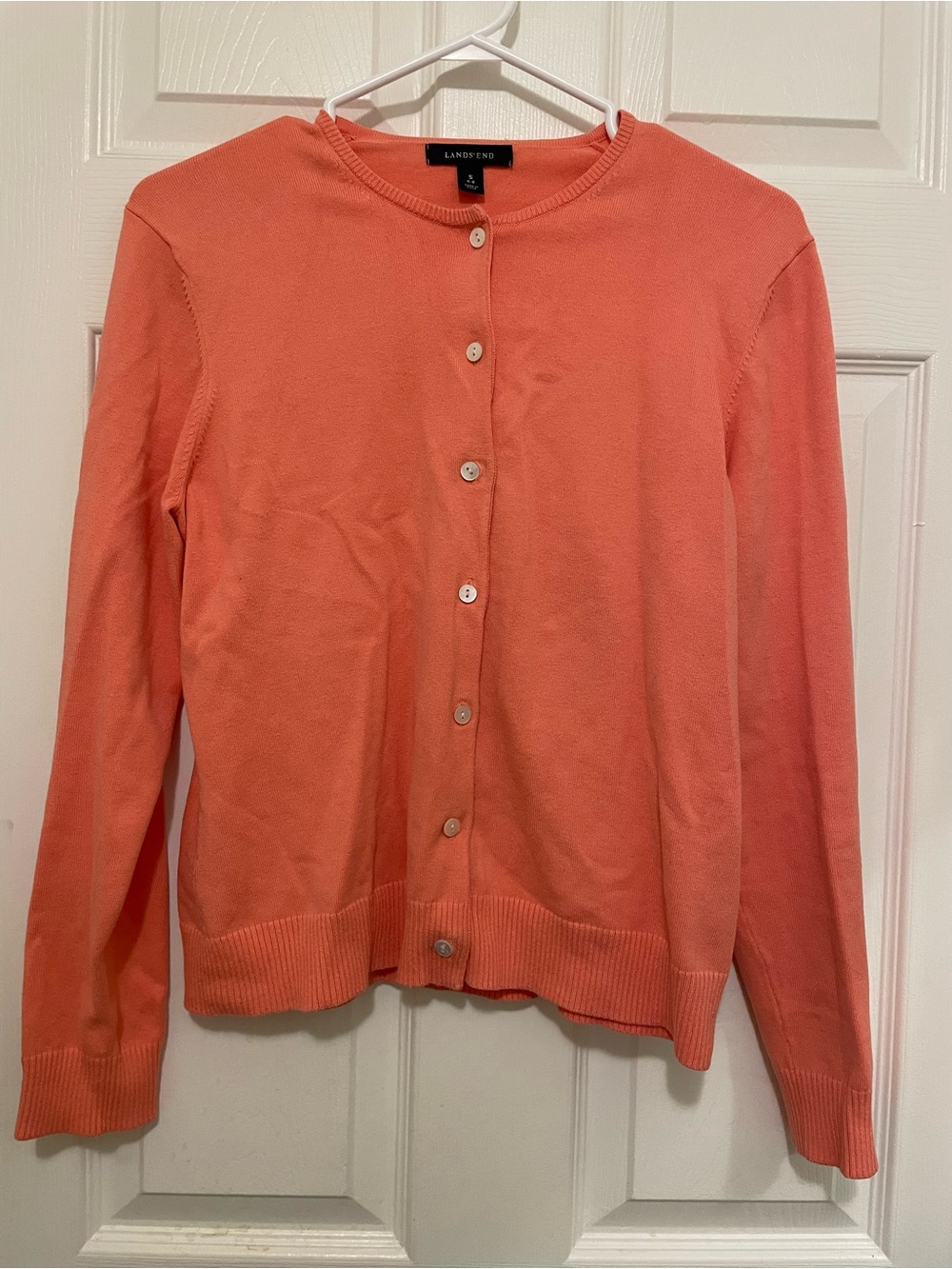 Lands' End Coral Button-Up Crewneck Cardigan